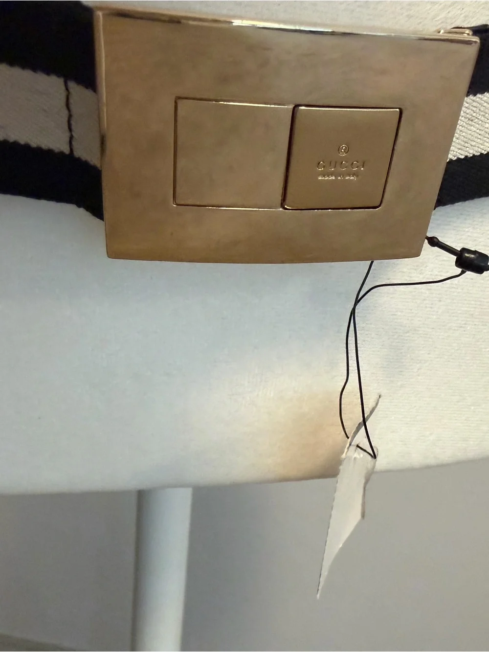 Gucci Black Ivory Canvas Web Belt Gold Tone Square Buckle Size 90 36 Vintage